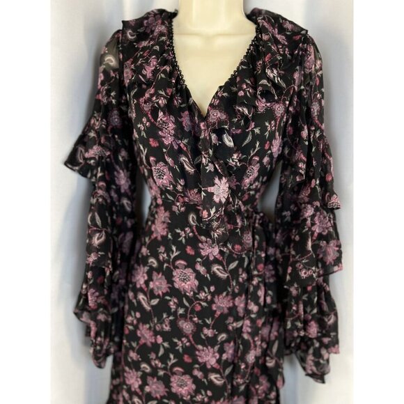 AMUR Rumi Black Purple Silk Wrap Midi Dress $798 - Picture 4 of 12